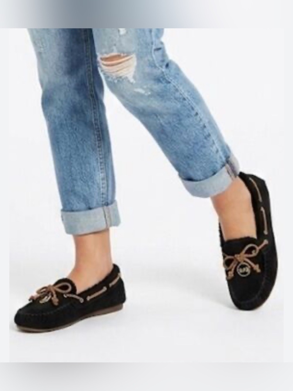 Coach Antonia Black Suede Shearling Lined Moccasin Slippers Womens
